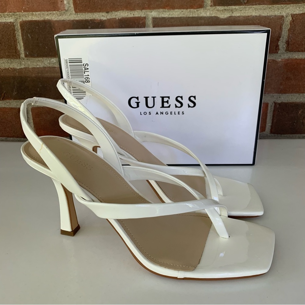 GUESS Womens Saily Thong Slingback Heeled Dress Sandals, WHITE US 9 M